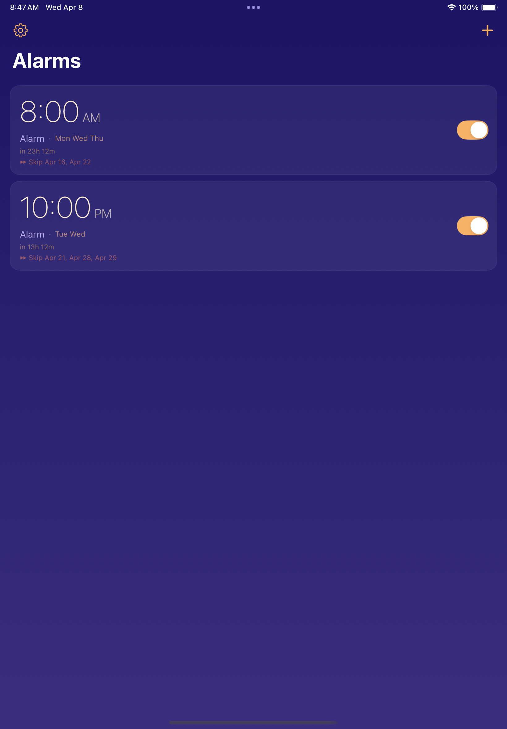 iPad alarm list
