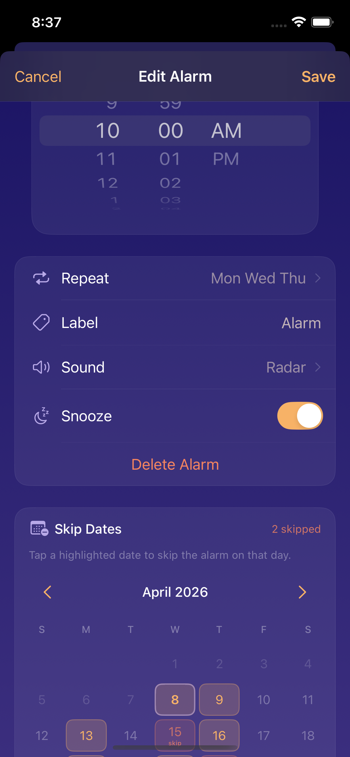 Edit alarm